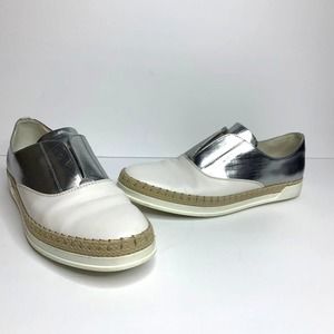 Tod's White Silver Leather Espadrille Slip On Sneakers Size 7.5 EU38